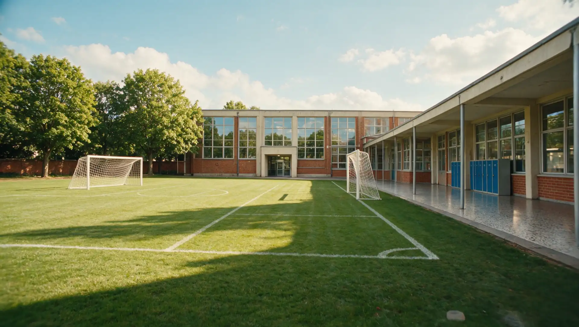 Cancha de fútbol de ALDEN con el edificio al fondo