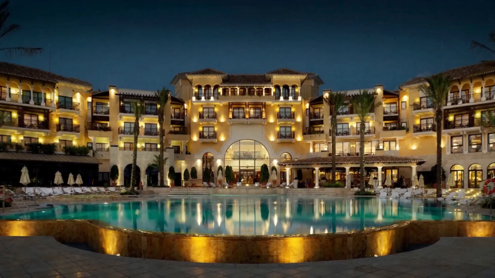 Fachada del resort MIRAMAR reflejada en la piscina de noche
