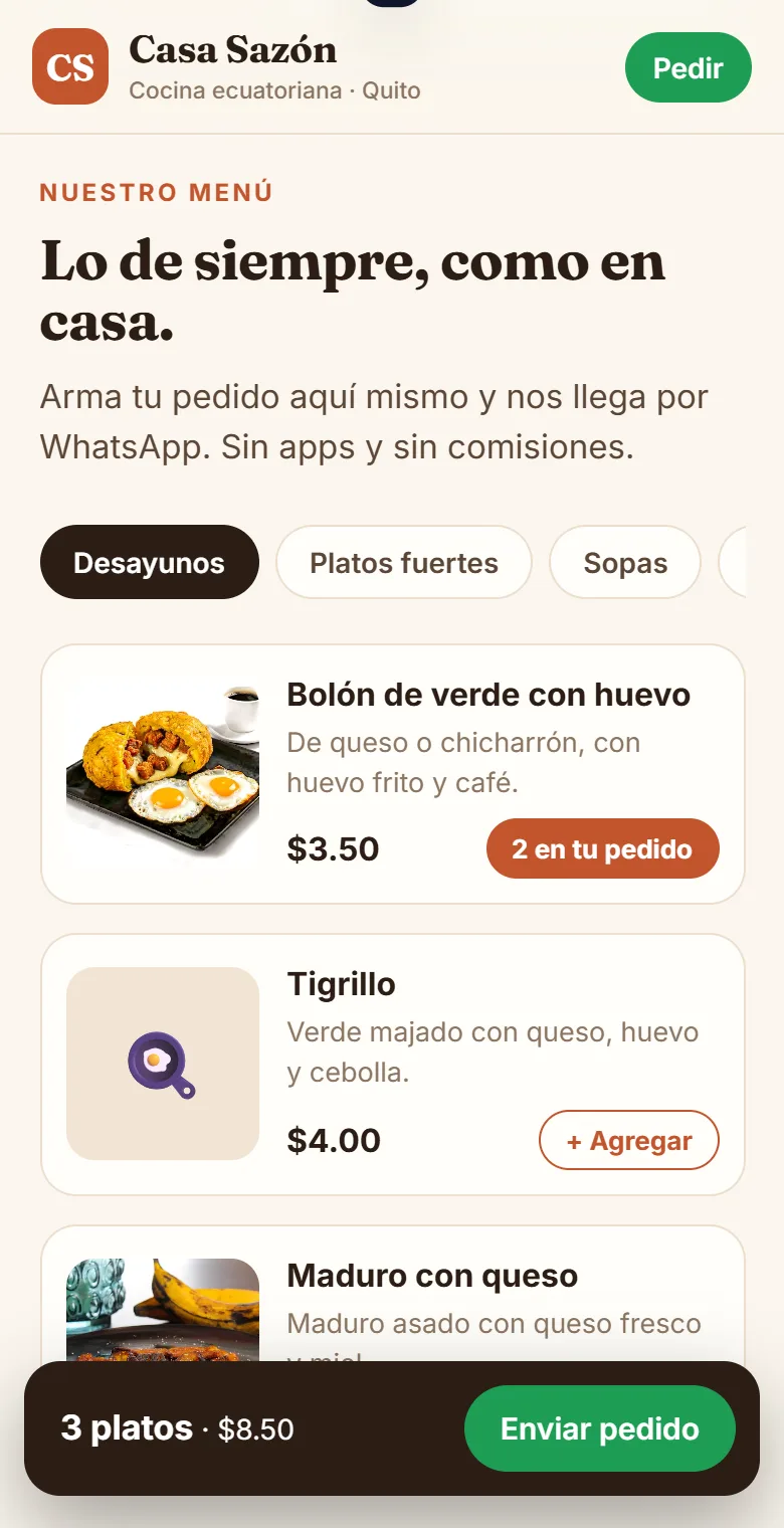 El menú de Casa Sazón con platos agregados y la barra para enviar el pedido por WhatsApp