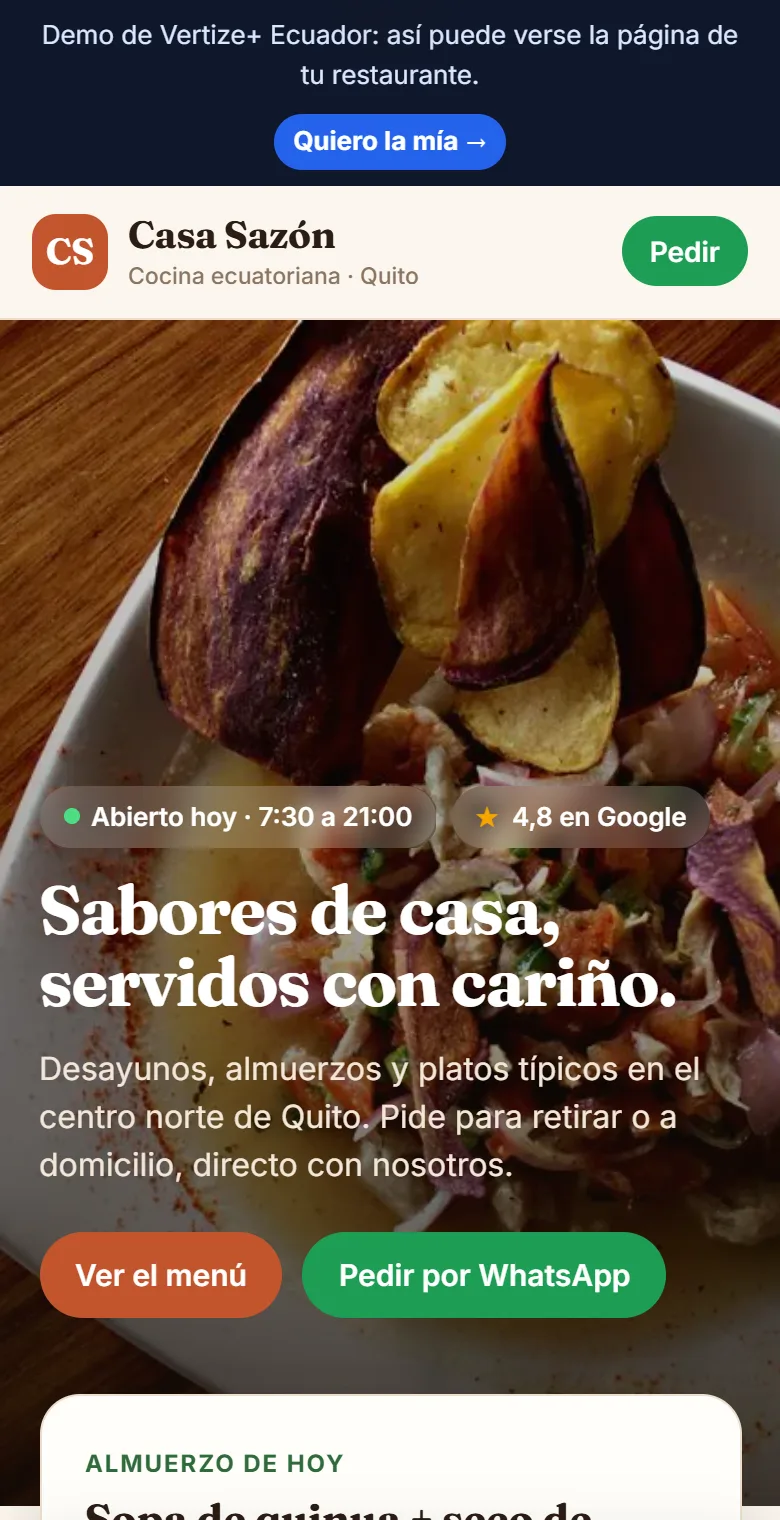 La portada de Casa Sazón en el celular: foto del plato, horario y botones para ver el menú y pedir